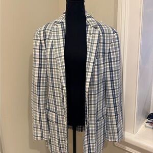 Plaid Open-Front Blazer Jacket in White and Navy